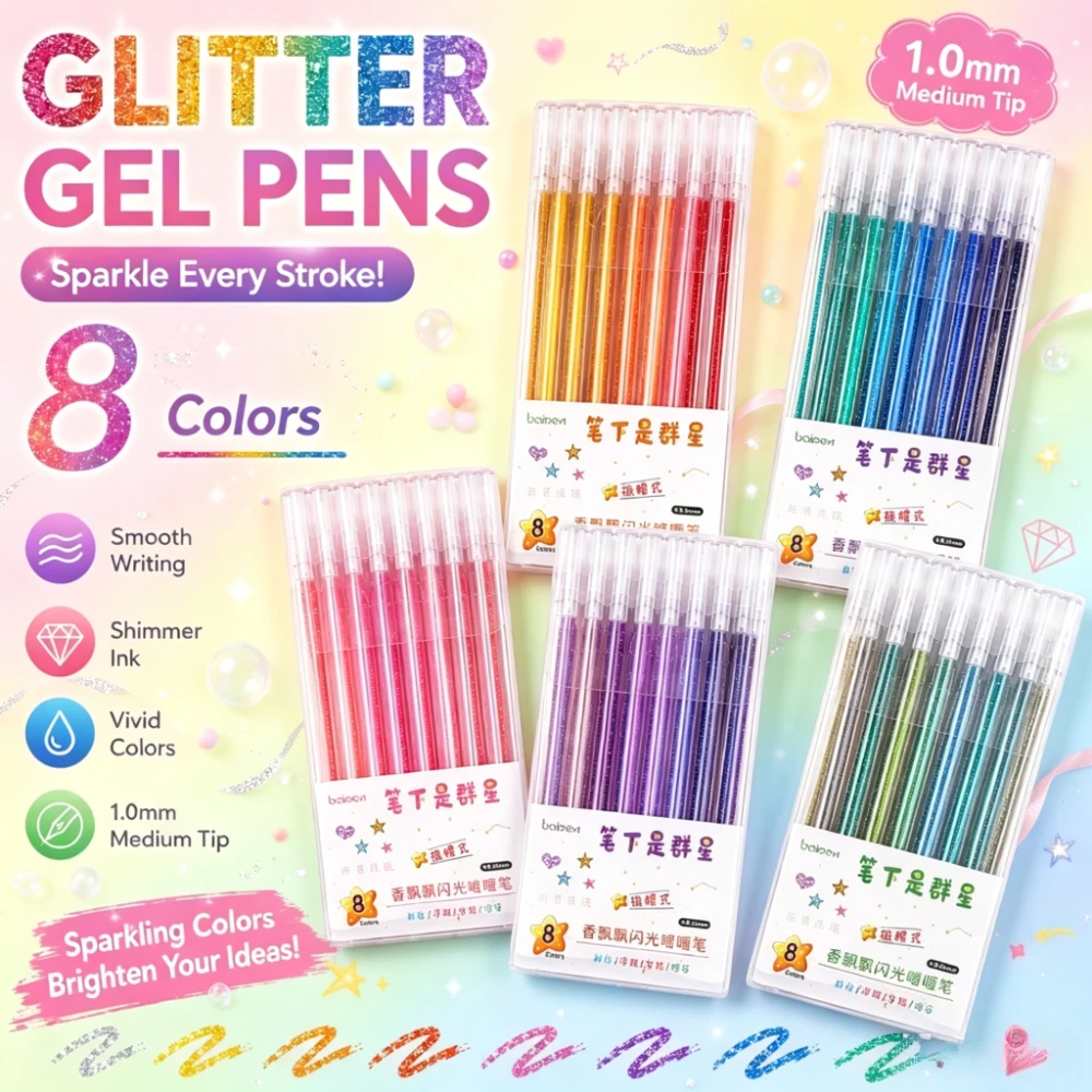 8 Pack 1.0mm Medium Point Metallic Glitter Gel Pens Set for Bullet Journaling DIY Craft Scrapbooking Card Making And Art Supplie