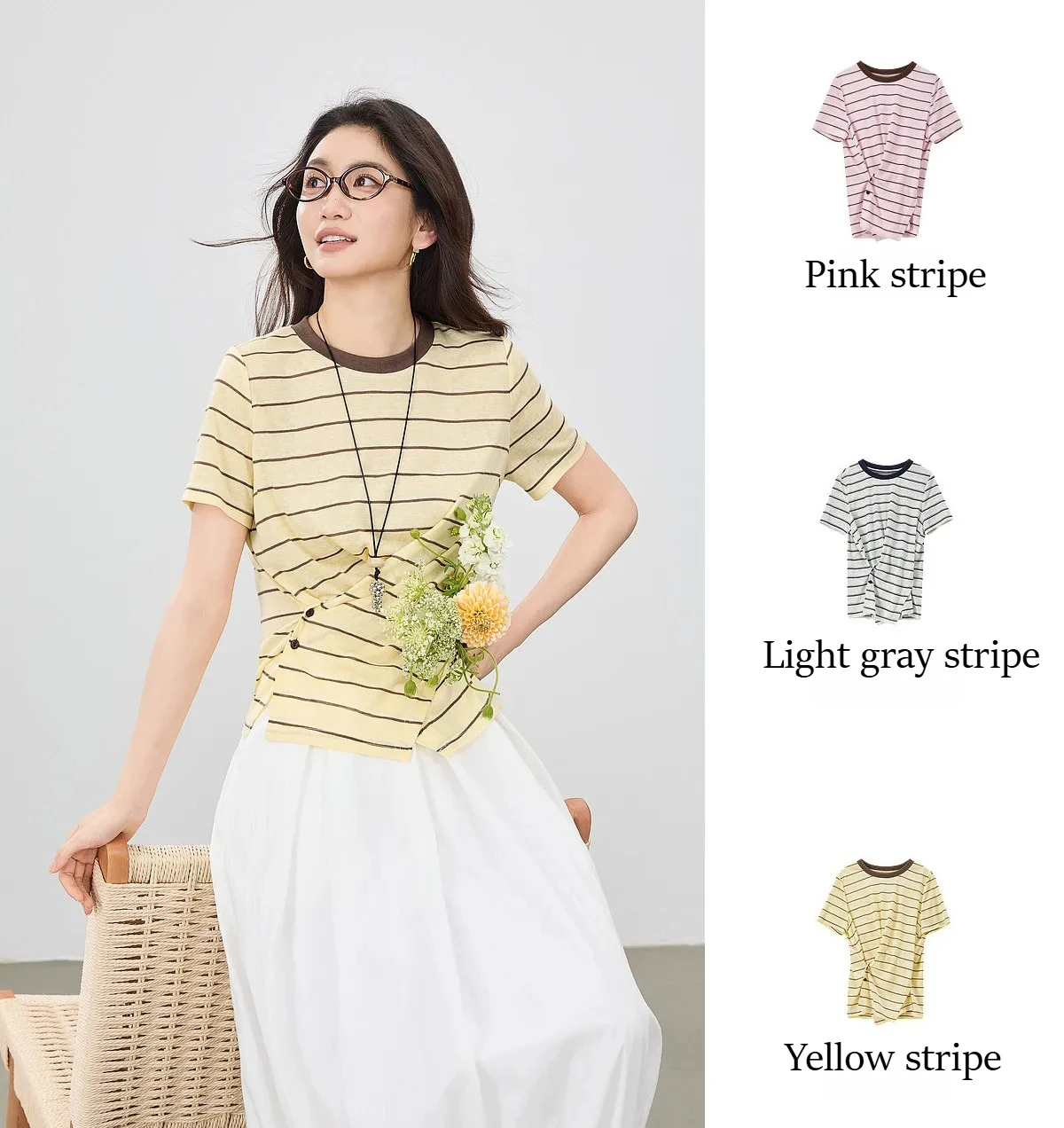 SENTUBILA Damen-Strickoberteil mit Rundhalsausschnitt und Kontraststreifen, Sommermode 2026, kurzärmeliges T-Shirt mit Twist-Front-Schlitz und Knöpfen Q62TC7208 – Detail 6