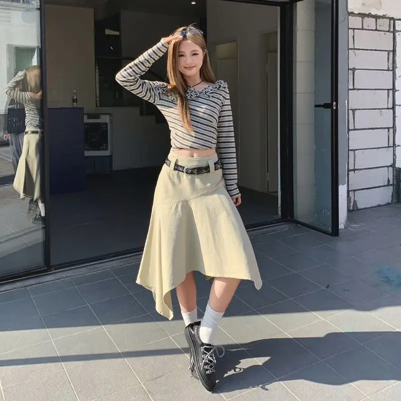 Retro Spice Girl High Waist Irregular Skirt Women's Summer Design Sense A Word Medium Dress