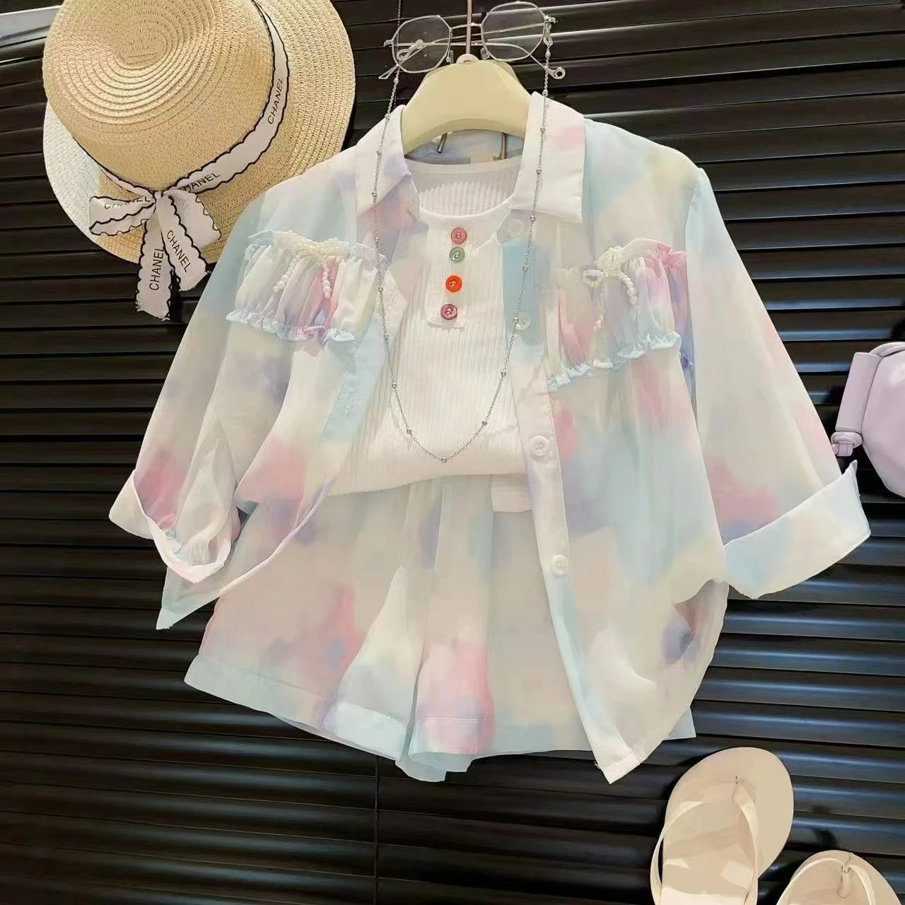 Girls' Gradient Color-Blocking Fashionable Jacket+ Shorts+ undershirt Sun Protection Three-Piece Set 2025 Summer Kids Outfits