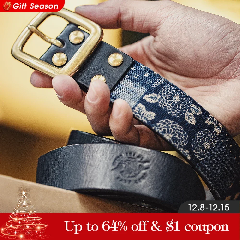 Maden 2024 New Cowhide Material Ancient Cloth Printed Vegetable Tanned Belt Boro Style Cowhide Pin Buckle Retro Belt for Men