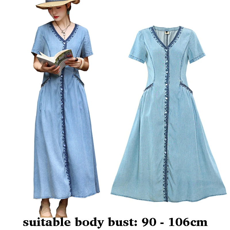

High quality long denim dress for women short sleeve cotton retro embroidery 2025 summer lady elegant vintage clothes blue