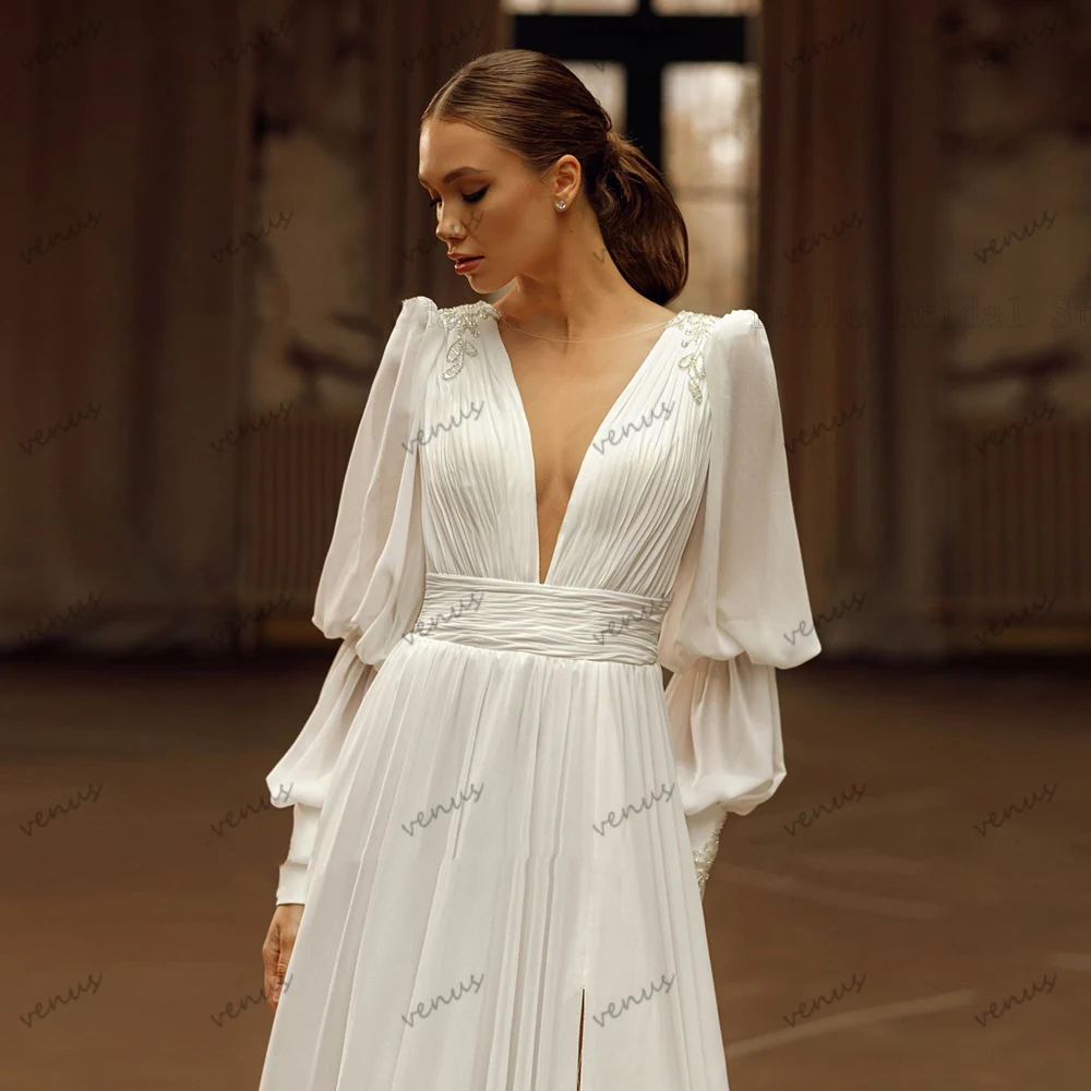 Elegant Wedding Dresses Chiffon Bridal Gowns Long Puff Sleeves Robes Backless Deep V-Neck Sweep Train Graceful Vestidos De Novia