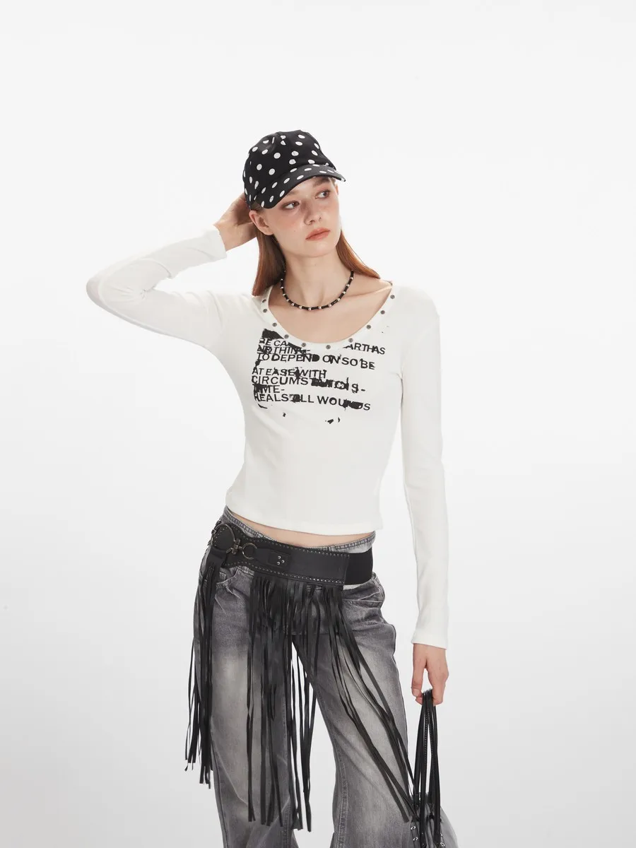 

Designer Metal Rivets Oneck Trends Tees Bodywear Fitness Long Sleeve Slim Fit Office Elegant Tops for Women Girls Inner Tshirts