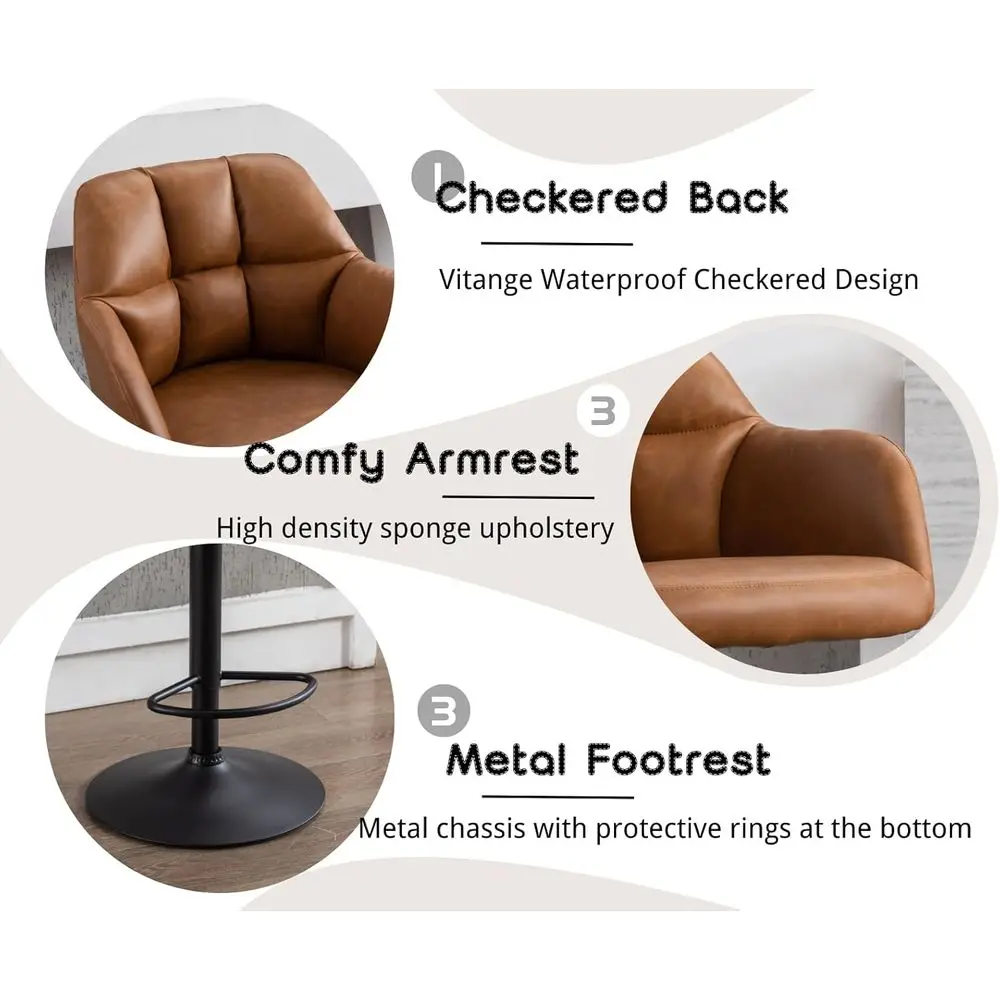 Swivel Bar Stools Set of 2 Leather Counter Height Barstools with Back and Arms Adjustable Bar Stool Chairs with Metal Base for K - view 5