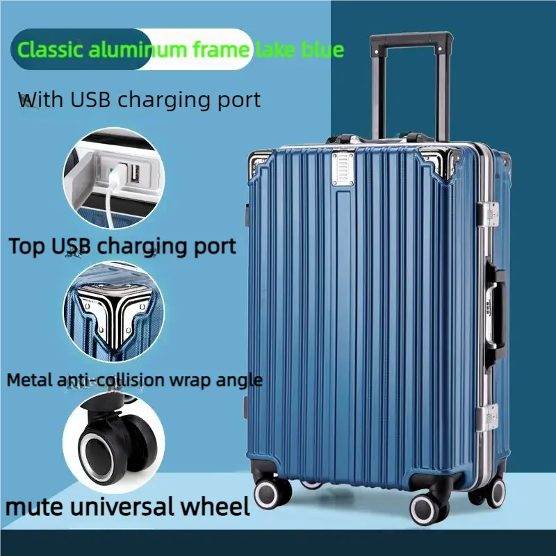 Luxury aluminum frame large capacity travel box with USB interface and universal wheels