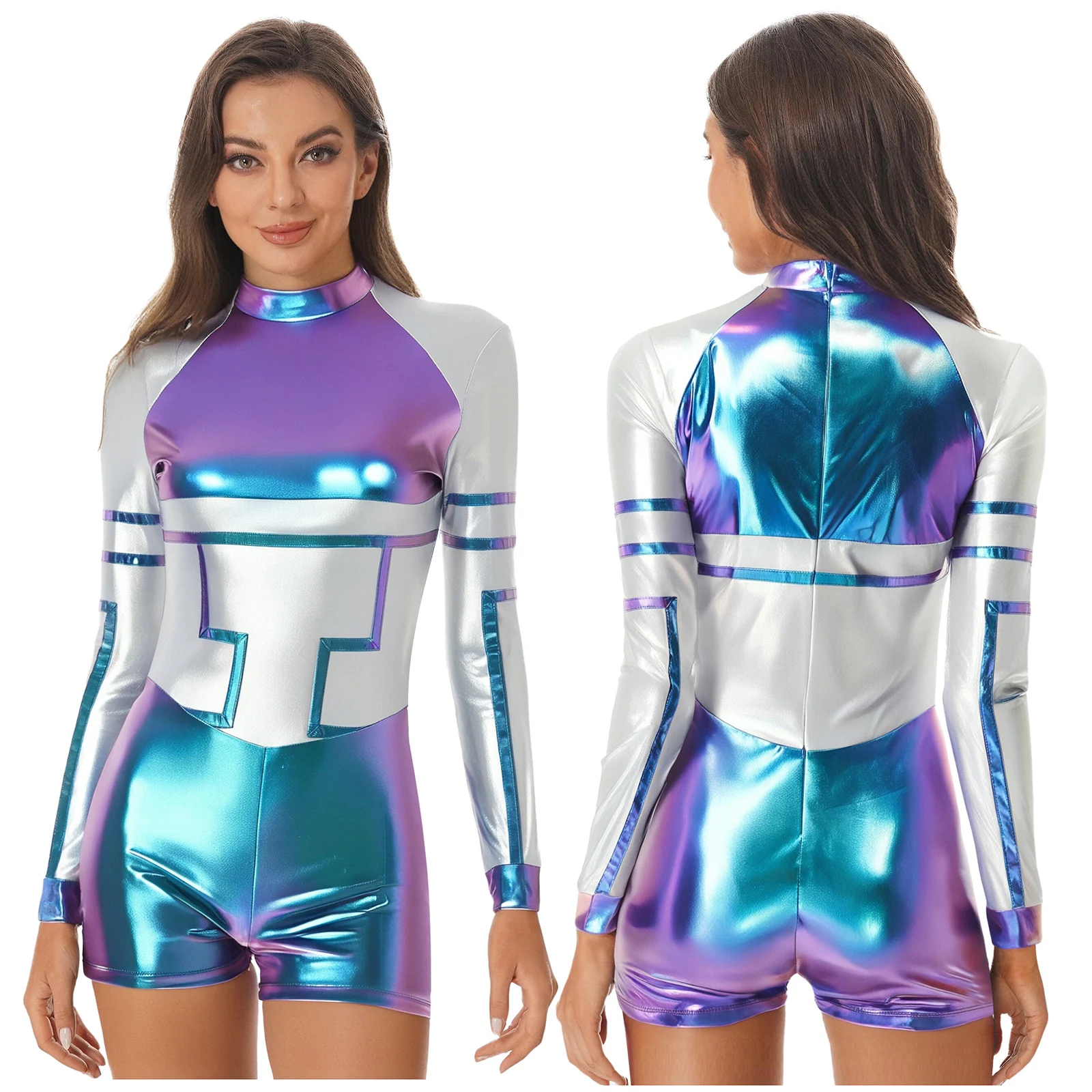 

Women Fashion Metallic Bodysuit for Astronaut Outer Space Alien Astronaut Role Play Outfits Party Halloween Performance Wear