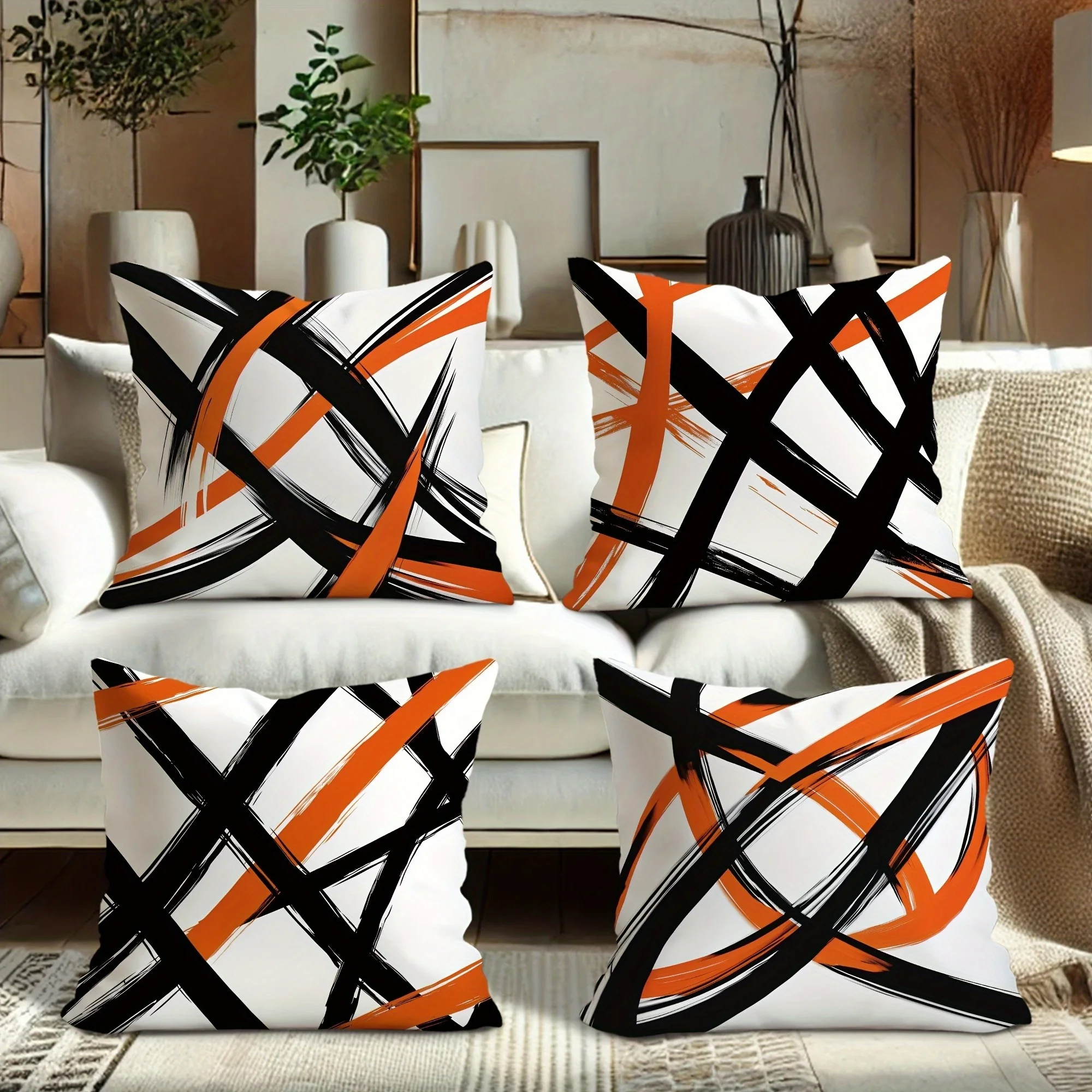 Abstract Geometric Throw Pillow Covers 4pcs Modern Cushion Case Set Black Orange Sofa Home Decoration 45x45cm