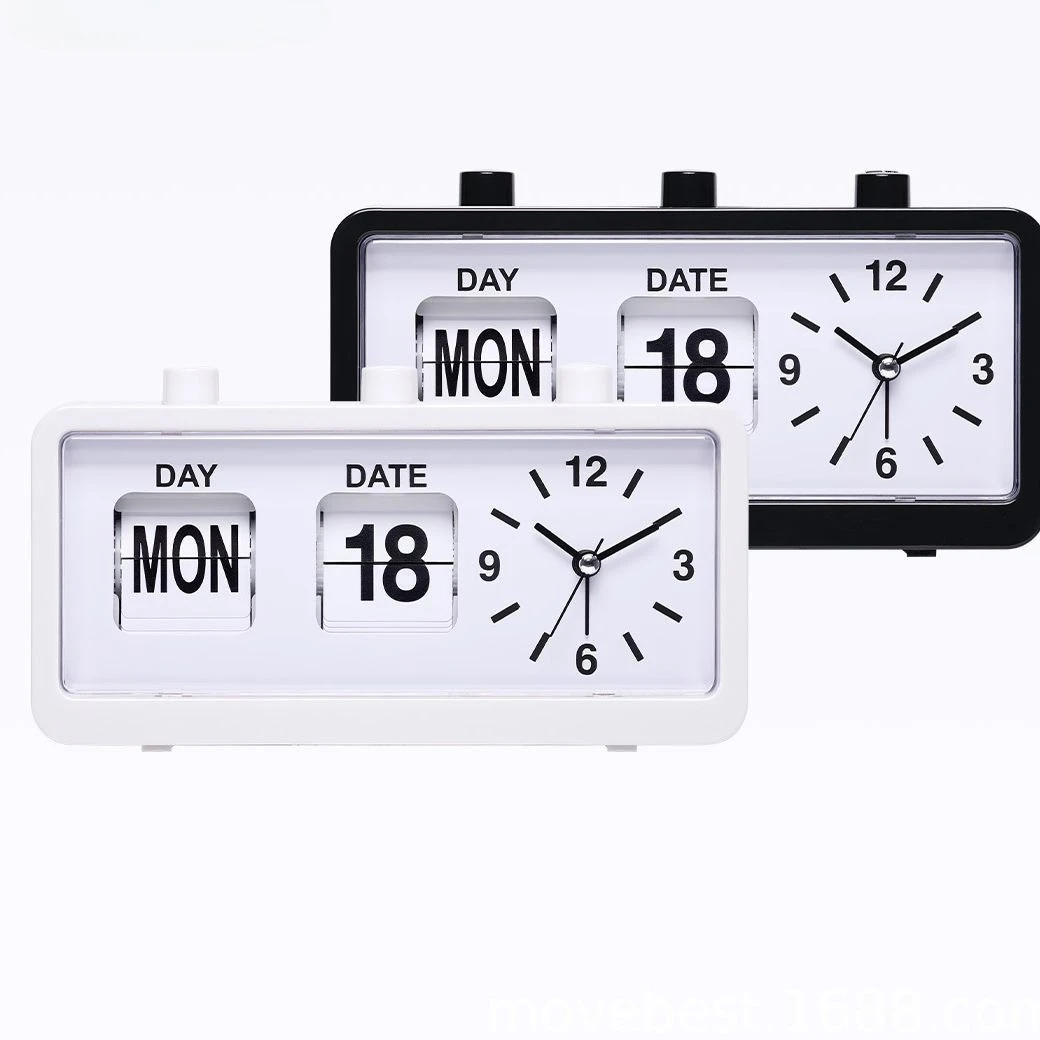 Simple and Silent Clock Alarm Clock Manual Button Page Flip Display Calendar Week Home Study Desktop Office Decoration Clock
