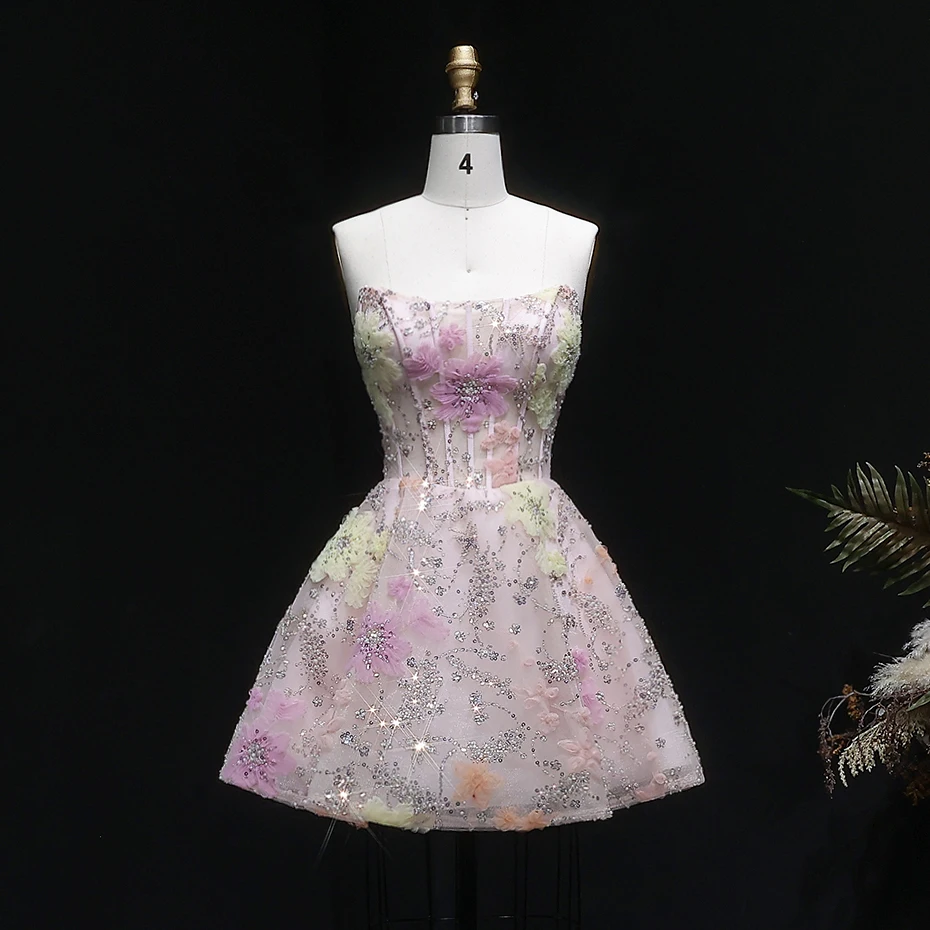 Sheer Fairy Women's Elegant Mini Beaded Birthday Party Dresses 2026 3D Floral Homecoming Prom Gowns with Pearls RM135 Customized