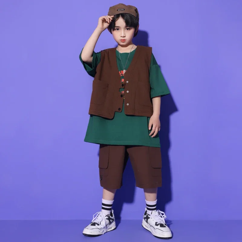 Completi da strada per ragazzi adolescenti Abbigliamento hip-hop per bambini Gilet marrone Maglietta Top Pantaloncini cargo per ragazze Abiti da ballo jazz