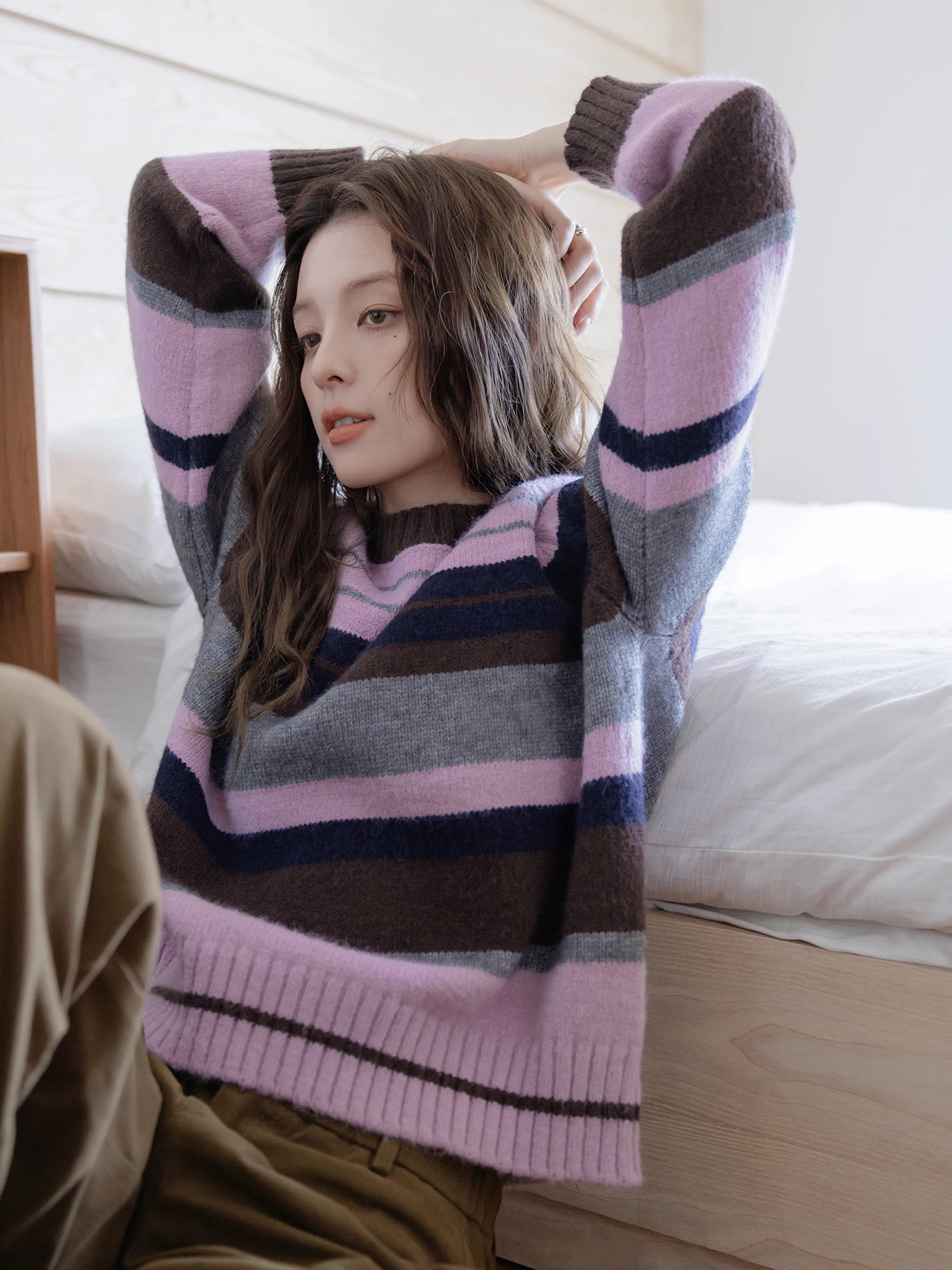 

Mlife Soft Color Blo Stripe ort Sve Women's Sweater Spring Autumn Comfortable Loose Knitwear round Ne Long Sve