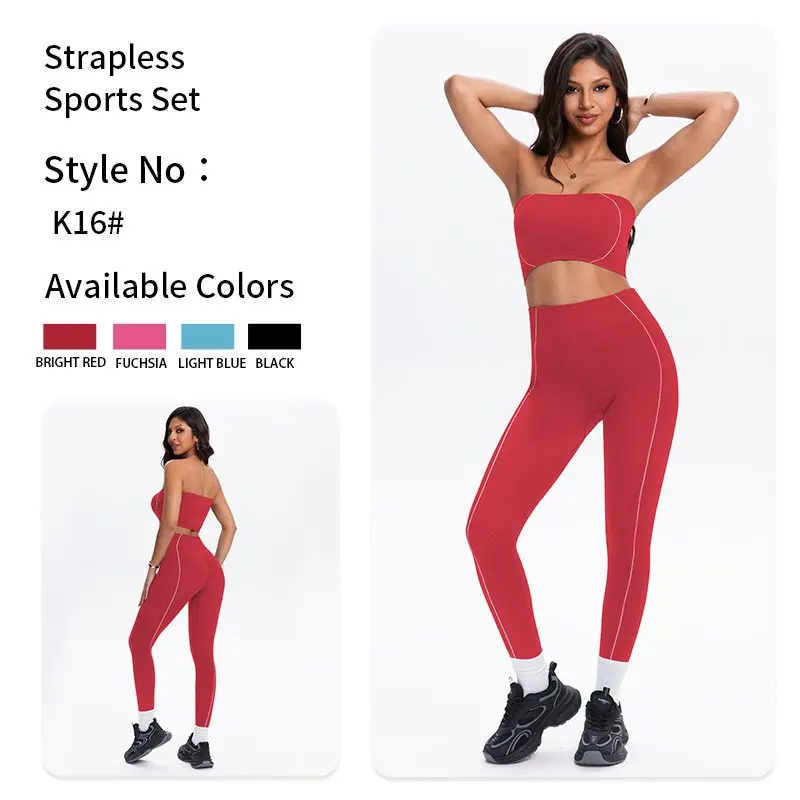 Summer Side Contrast Line Bandeau Women's Yoga Set Waist Moisture Wicking Gym Training Walking Casual Slim Sports 2 Piece Suit