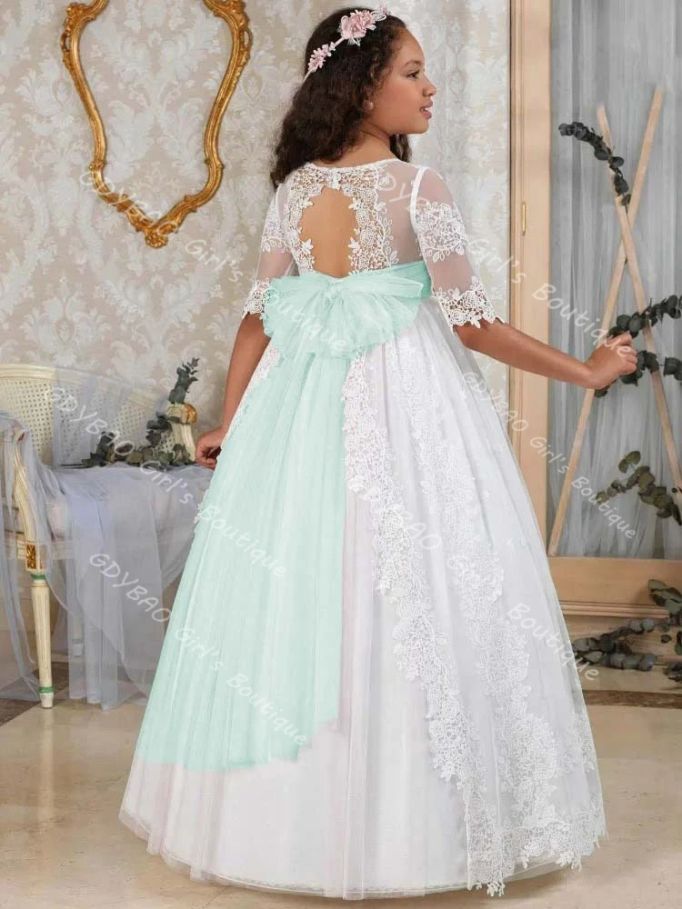 Vintage Lace First Communion Dress Half Sleeves Keyhole Back Princess Flower Girl Dress with Sash/Ribbon Kids Custom Party Gown