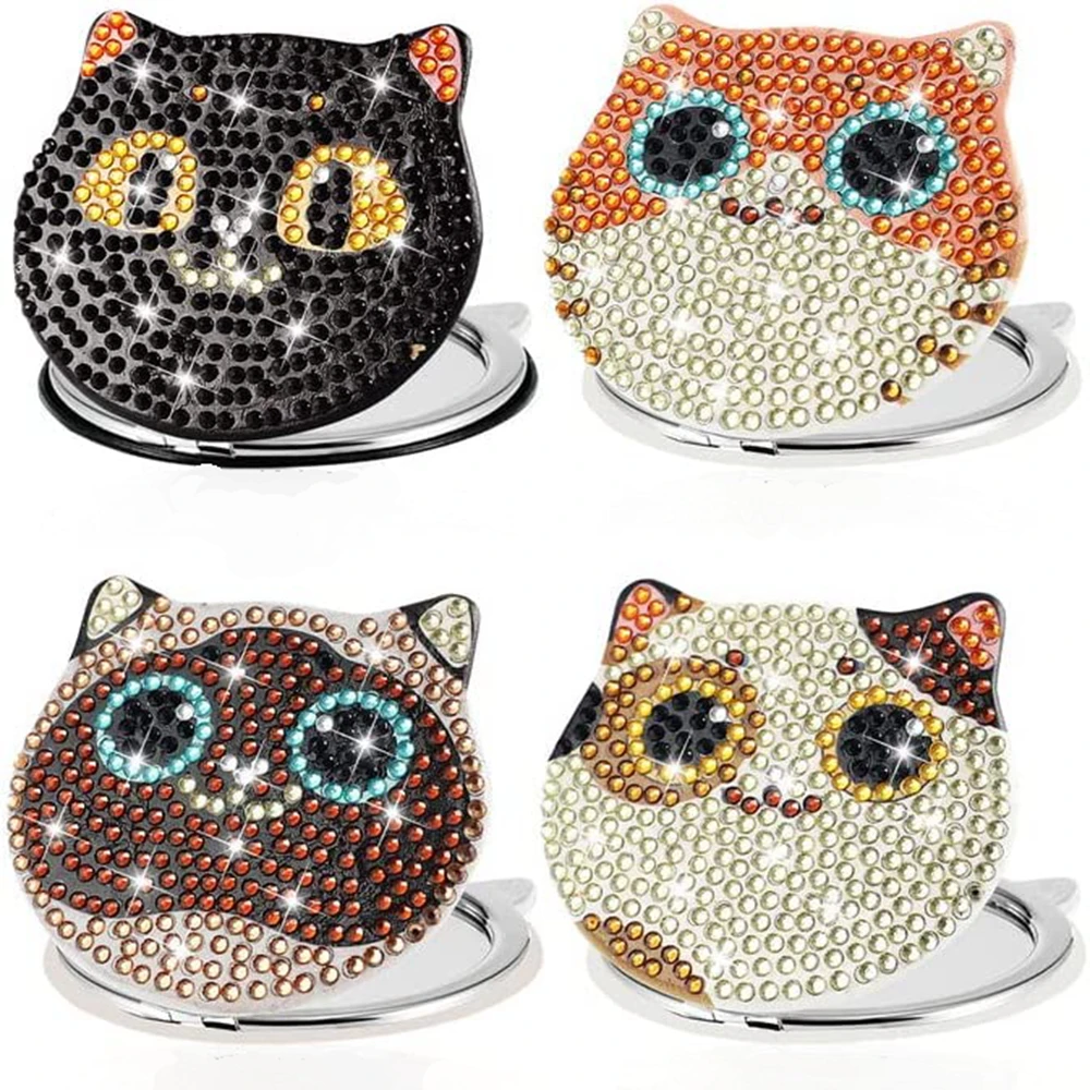 1pc/Set DIY Cats Diamond Painting Mirror Compact Portable Folding Pocket Mirror for Women Diamond Art Mirror Kits for Adults