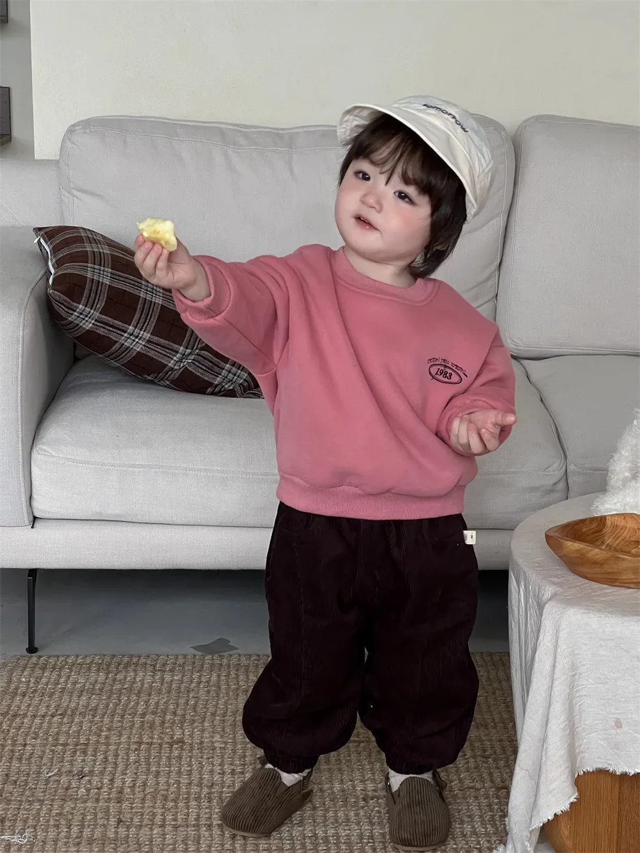 2024 Winter New Baby Long Sleeve Fleece Sweatshirt Toddler Boy Girl Casual Letter Tops Infant Plus Velvet Thick Warm Pullover