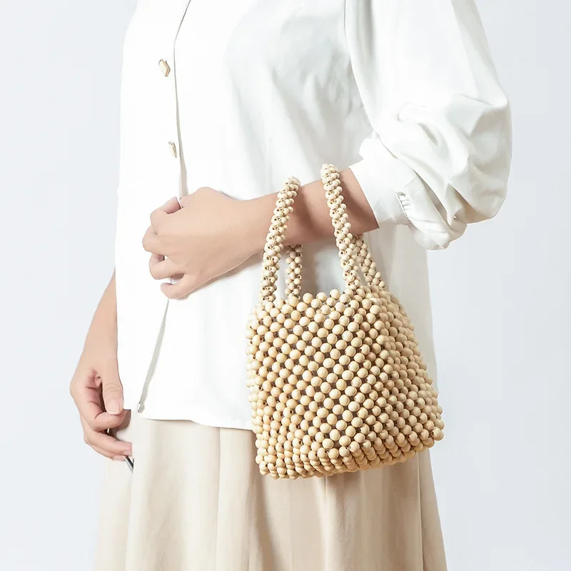 خمر المرأة اليابانية أزياء الخشب دلو فاخر حمل البيج خشبية مطرز السيدات مصمم حقيبة يد