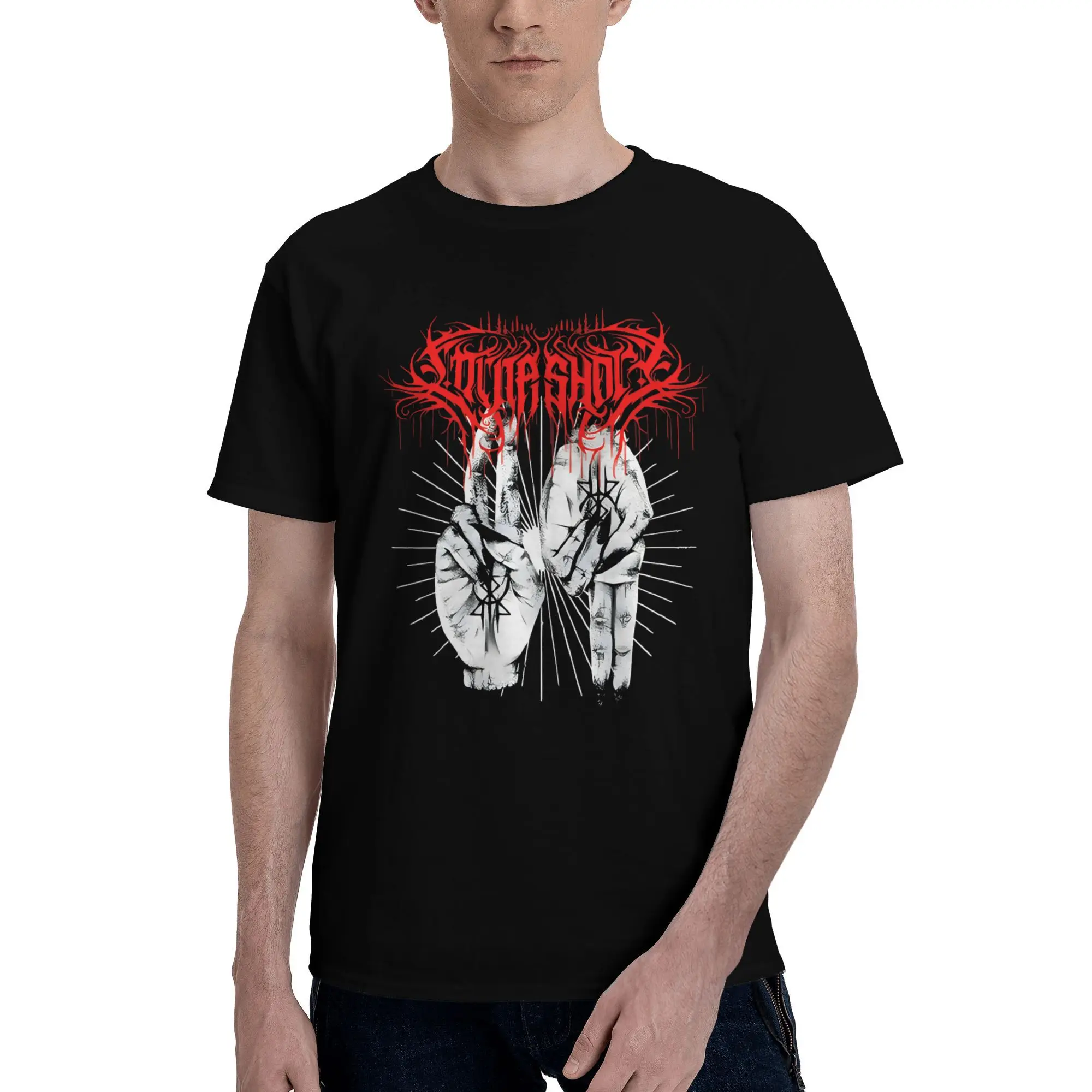 

New 2025 yaer A Bold, Red colored Logo with Intricate Designs and Two Gesturing Hands t shirt men sleeve shirt