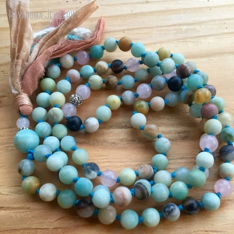 10Pcs Amazonite Japa Mala Bead Rose Quartz Silk Sari Tassel Courage Feminine Moon Energy Heart Chakra Goddess Yoga Jewelry