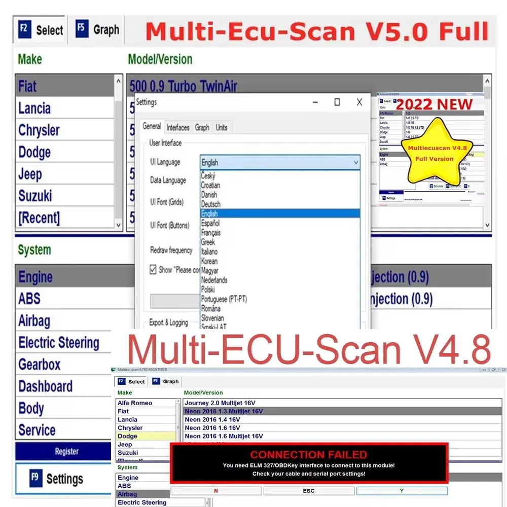 2024 hot sale Multiecuscan V4.8 For Fiat/Chrysler/Dodge/Jeep/Suzuki Scanner Software 4.8+ELM327+Flat adapter Registered Unlimite