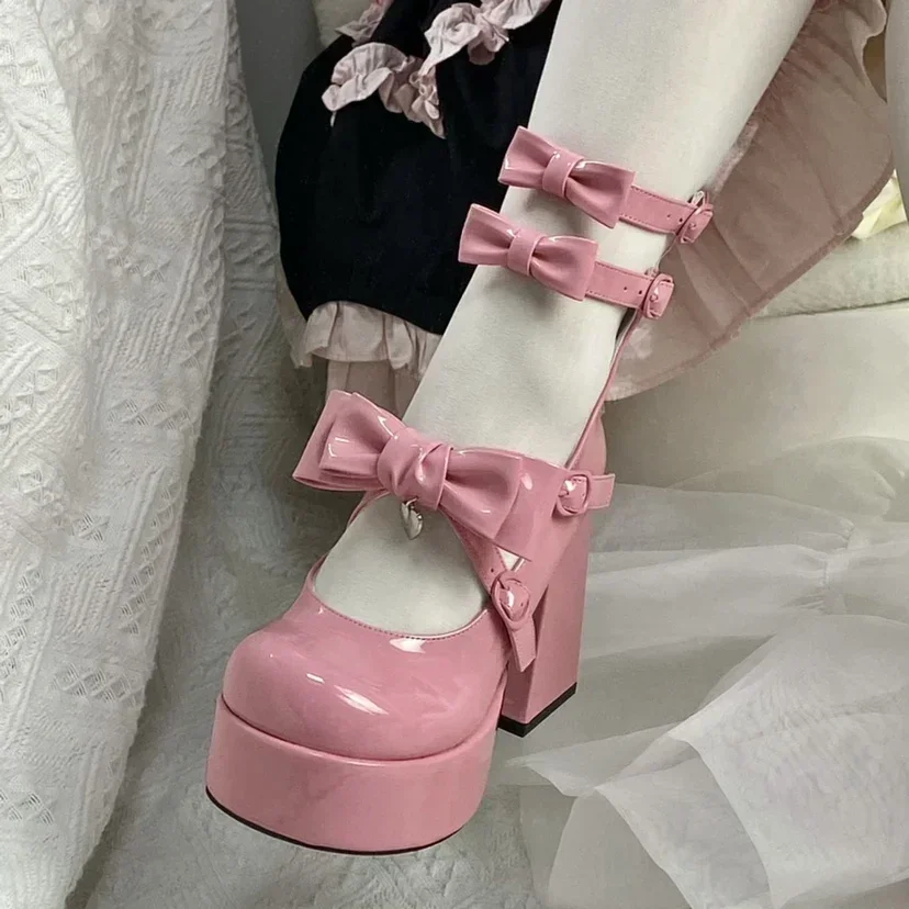 Lolita Style Sweet Round Toe Patent Leather High Heels Pump Heels Pink Bowknot Lady Girls Thick Heels Paltform Shoes