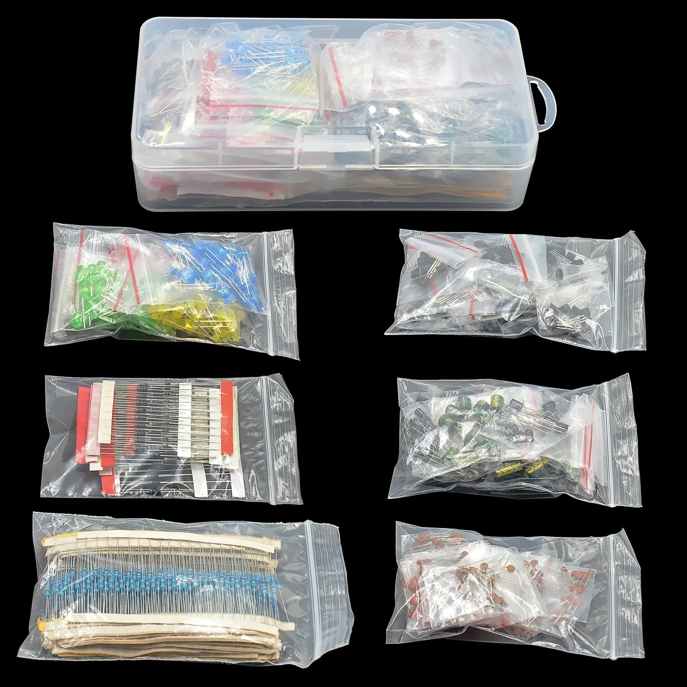 Kits de componentes electrónicos, kit surtido de resistencias de película metálica, diodos led, condensador electrolítico, juego de cerámica, paquete de transistores diy