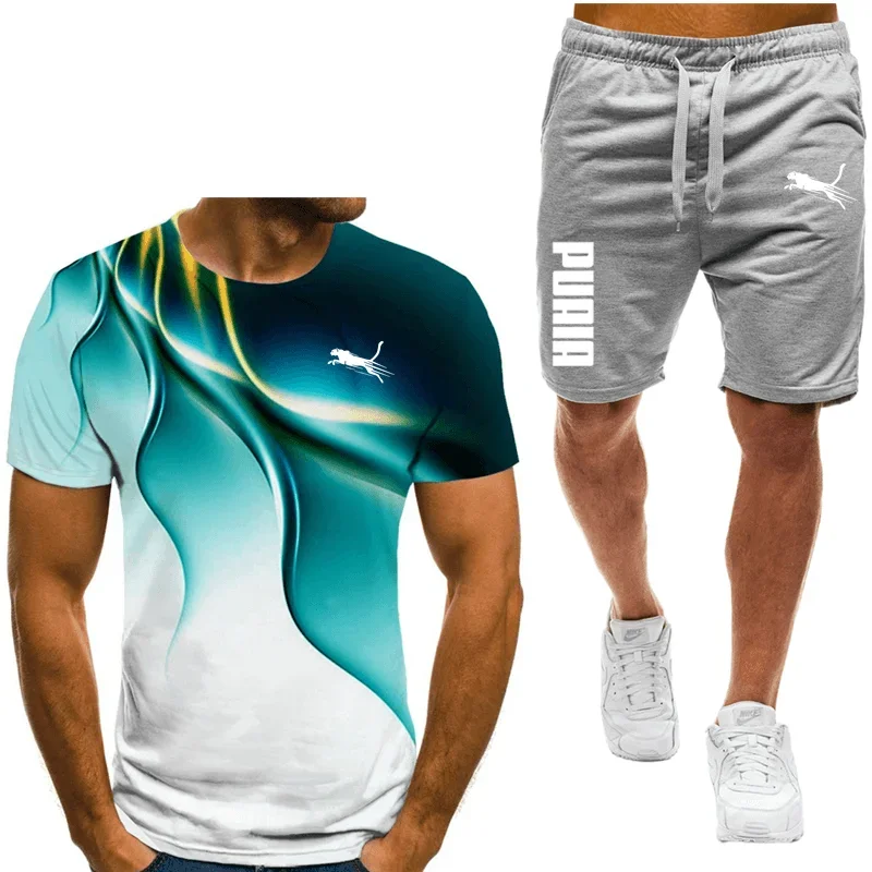 Men\'s sports set, casual T-shirt set and running shorts, breathable, 2 pieces, new 2024