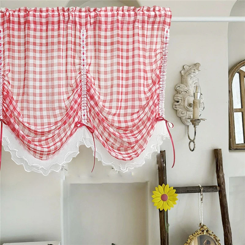 Korean Romantic Red Plaid Ruffled Lace Short Sheer Curtain Red Ribbon Adjustable Lifting Curtain For Living Room Bedroom Kitchen