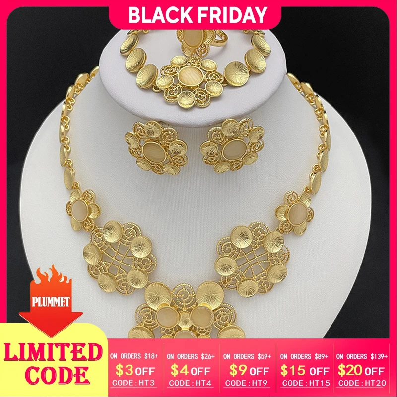 

Italian 18K Gold Plated Jewelry Set For Women Luxury Design Dubai Nigeria Jewelry Round Necklace Earings Bracelet Ring