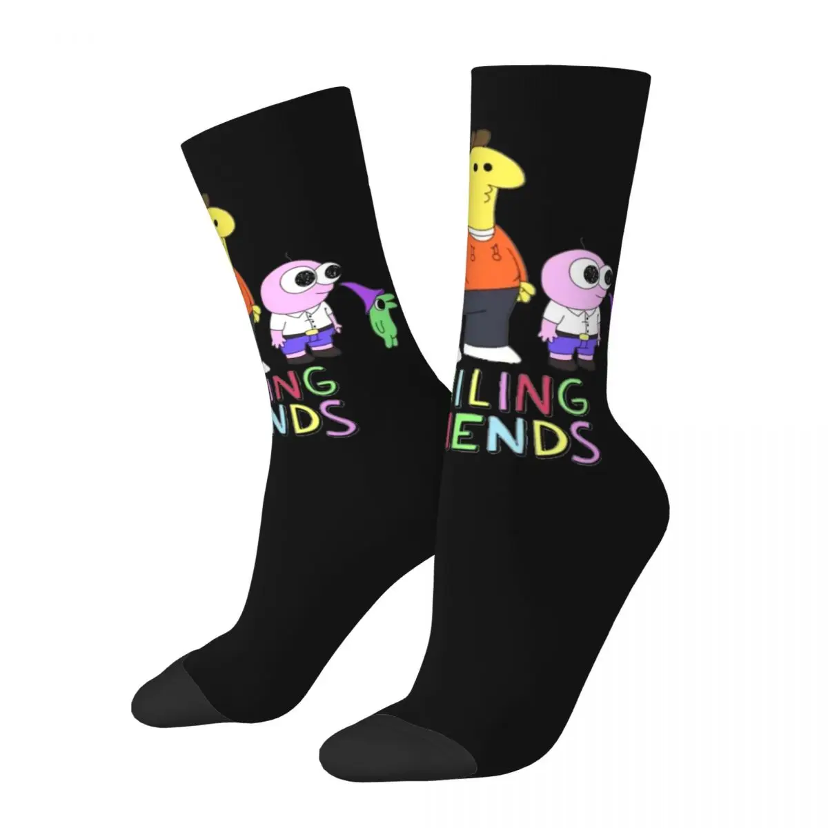 

Crazy Design Cartoon Smiling Friends Theme Design Basketball Crew Socks All Season Adult Swim Black Comedy Cute Middle Tube Sock