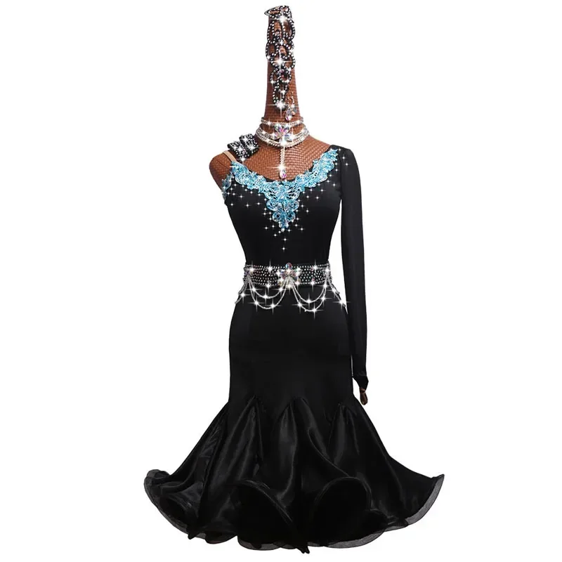 Vestido de baile latino con diamantes de imitación brillantes para mujer, ropa de competición, actuación de baile, Sexy, fuera del hombro, vestidos