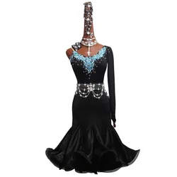 Vestido de baile latino con diamantes de imitación brillantes para mujer, ropa de competición, actuación de baile, Sexy, fuera del hombro, vestidos de bobinado de espina de pescado