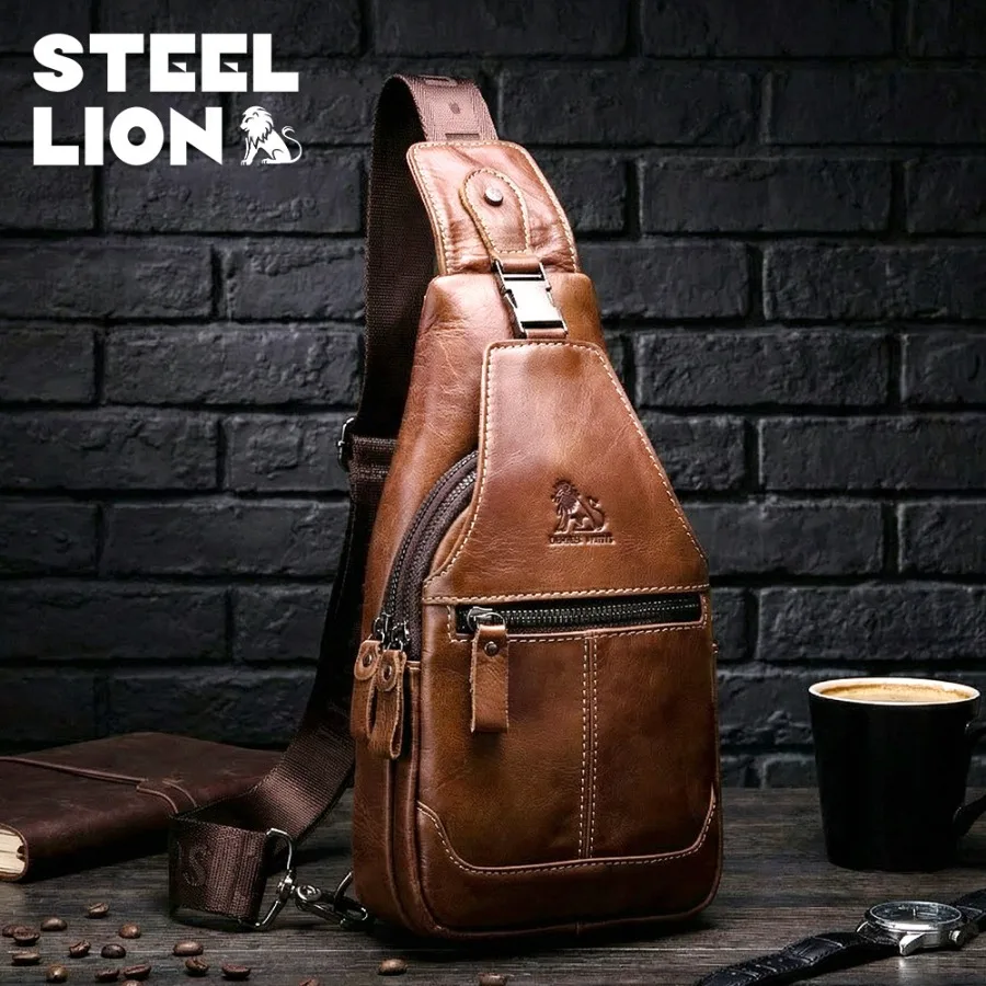 

【New style】STEEL LION genuine leather chest bag men's top layer cowhide chest bag retro casual one-shoulder -body bag