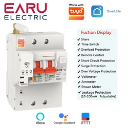 TUYA APP 2P 4P 10-100A Smart WIFI Circuit Breaker RCBO Switch Leakage Protection Power Energy Consumption kWh Meter Voltmeter