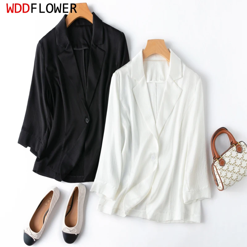 Women Silk Blazer 93% Mulberry Silk 7% Spandex 19 momme Black White 3/4 Sleeve One Button Jacket Coat Office Work L XL XXL M1000