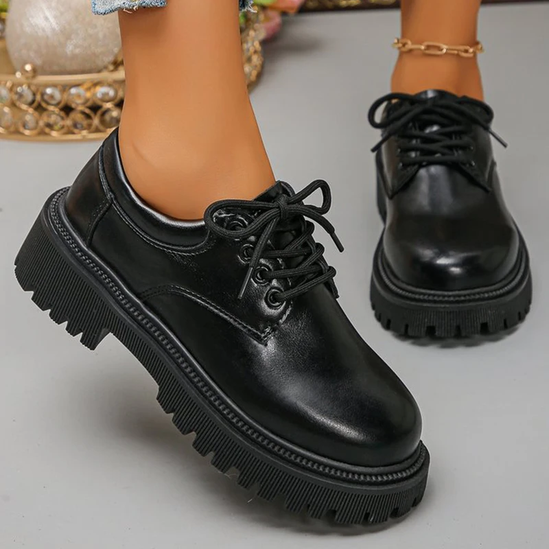 

Ladies Casual Shoes Lace Up Woman Shoes Spring Autumn Pu Leather Round Toe Sneakers for Women Black Platform Casual Shoes Ladies