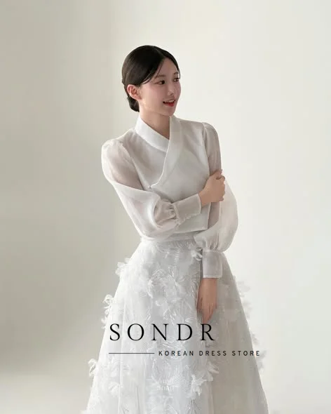 Sondr مخصص الهانبوك فساتين الزفاف الكورية صورة تبادل لاطلاق النار الفاخرة الدانتيل الخامس الرقبة طويلة الأكمام الأورجانزا فستان زفاف لحفل الزفاف #2