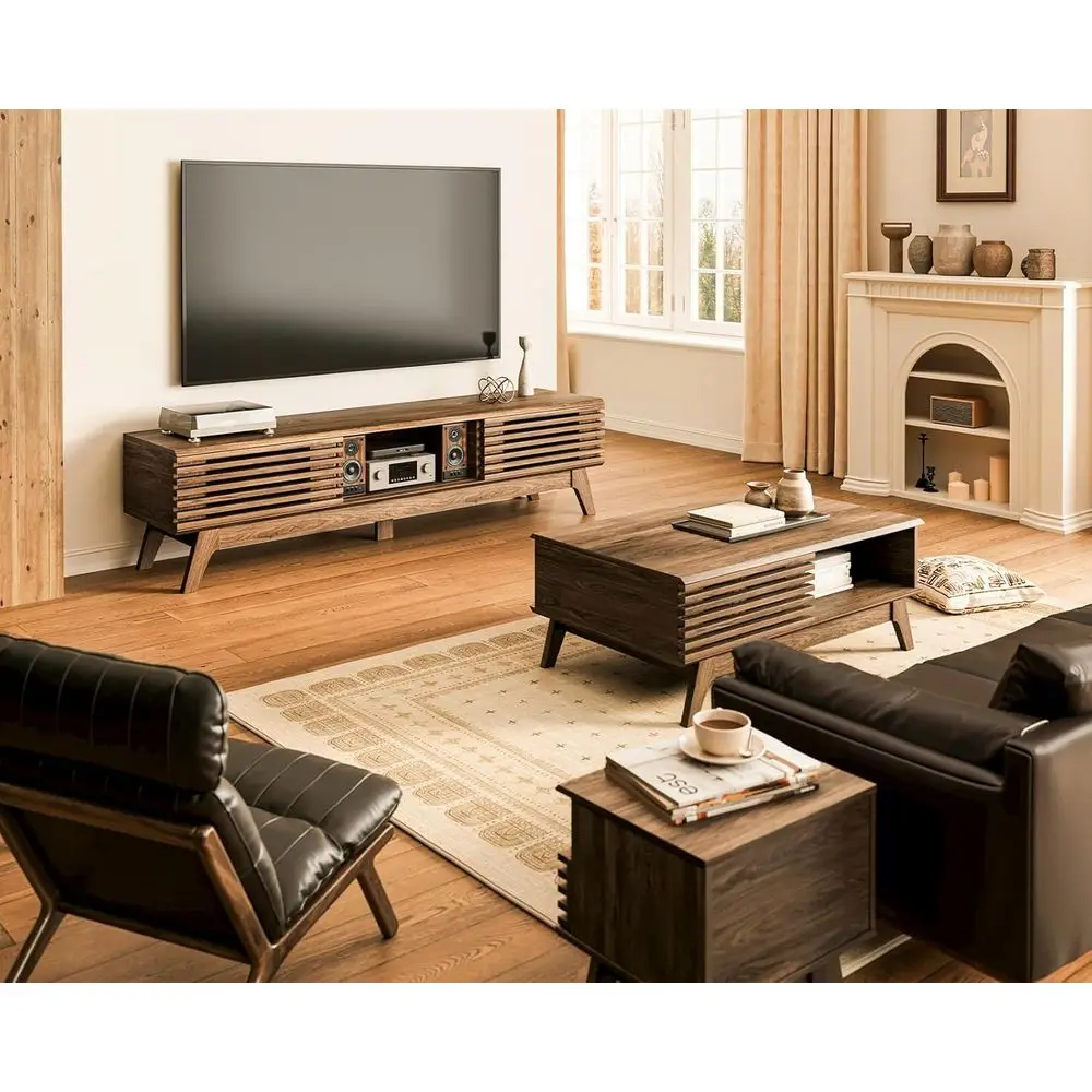 Walnut 65 TV Stand with Sliding Door, Storage Cabinet, Cable Management for Living Room and Bedroom