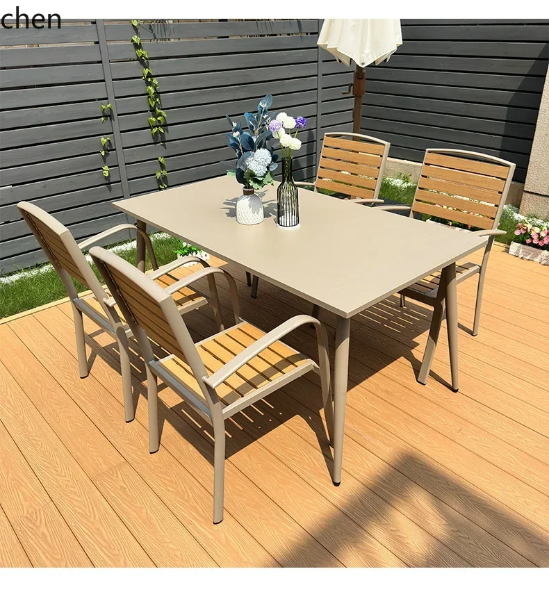 YY-outdoor carbon steel dining table plastic wood chair outdoor balcony combination sitting area negotiation table and chair set