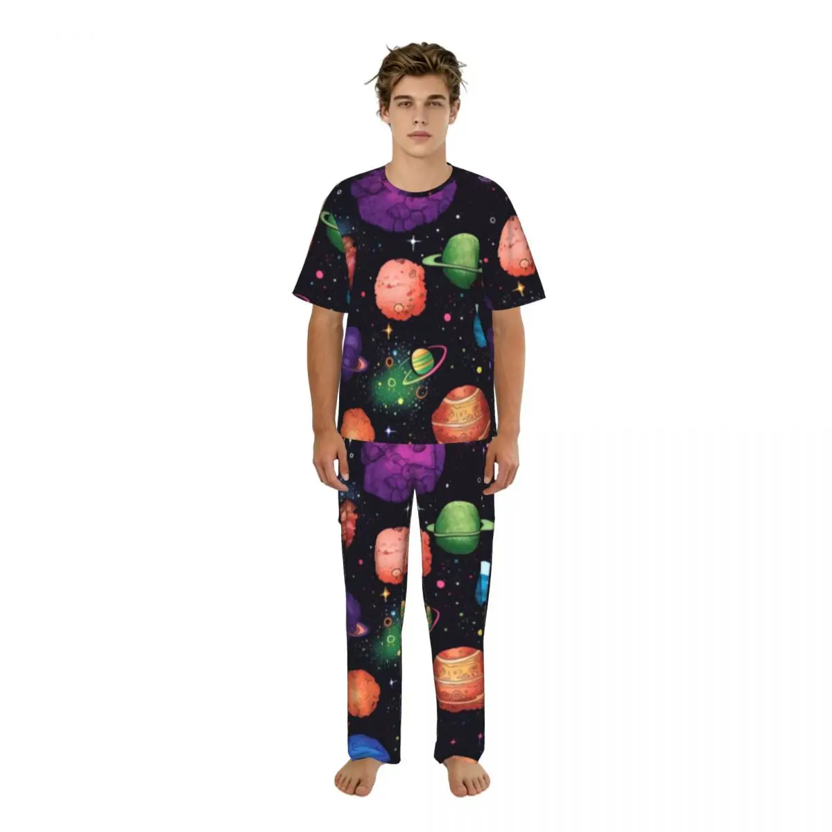 Sleepwear Summer Spring Home Clothes Planets Stars Comets And Galaxy Short Sleeve Long Pant Nightwear