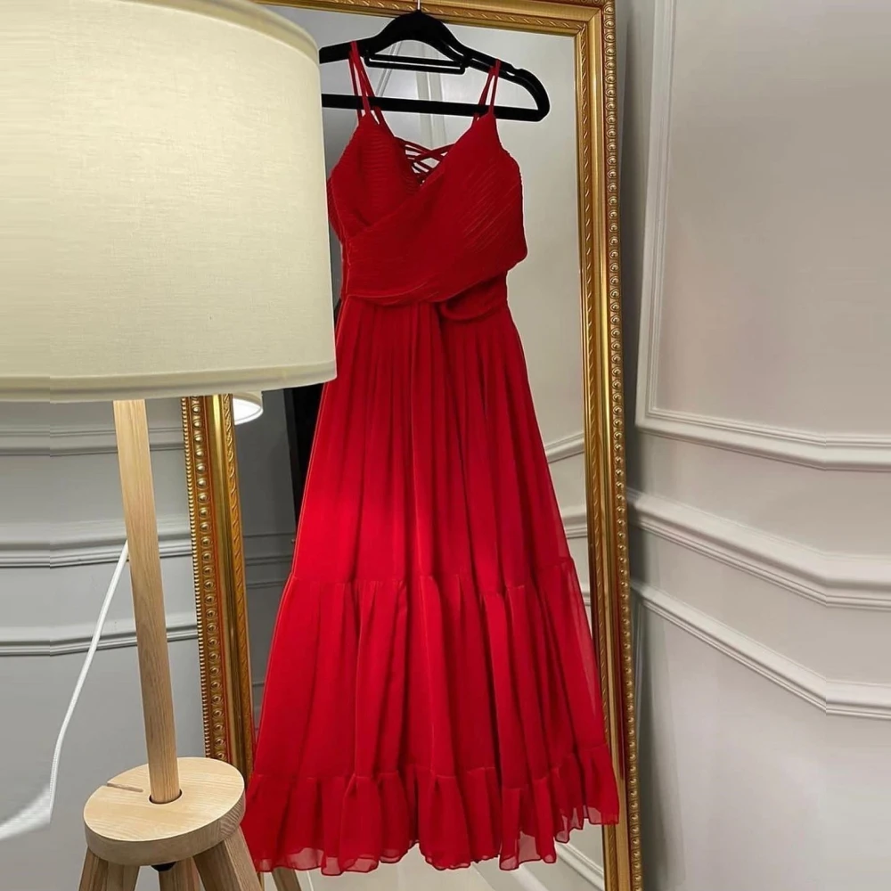 

Carolina Spaghetti Straps Evening Dresses Women Saudi Arabia Sleeveless Chiffon V-Neck Wedding Guest Elegant Formal Party Gowns