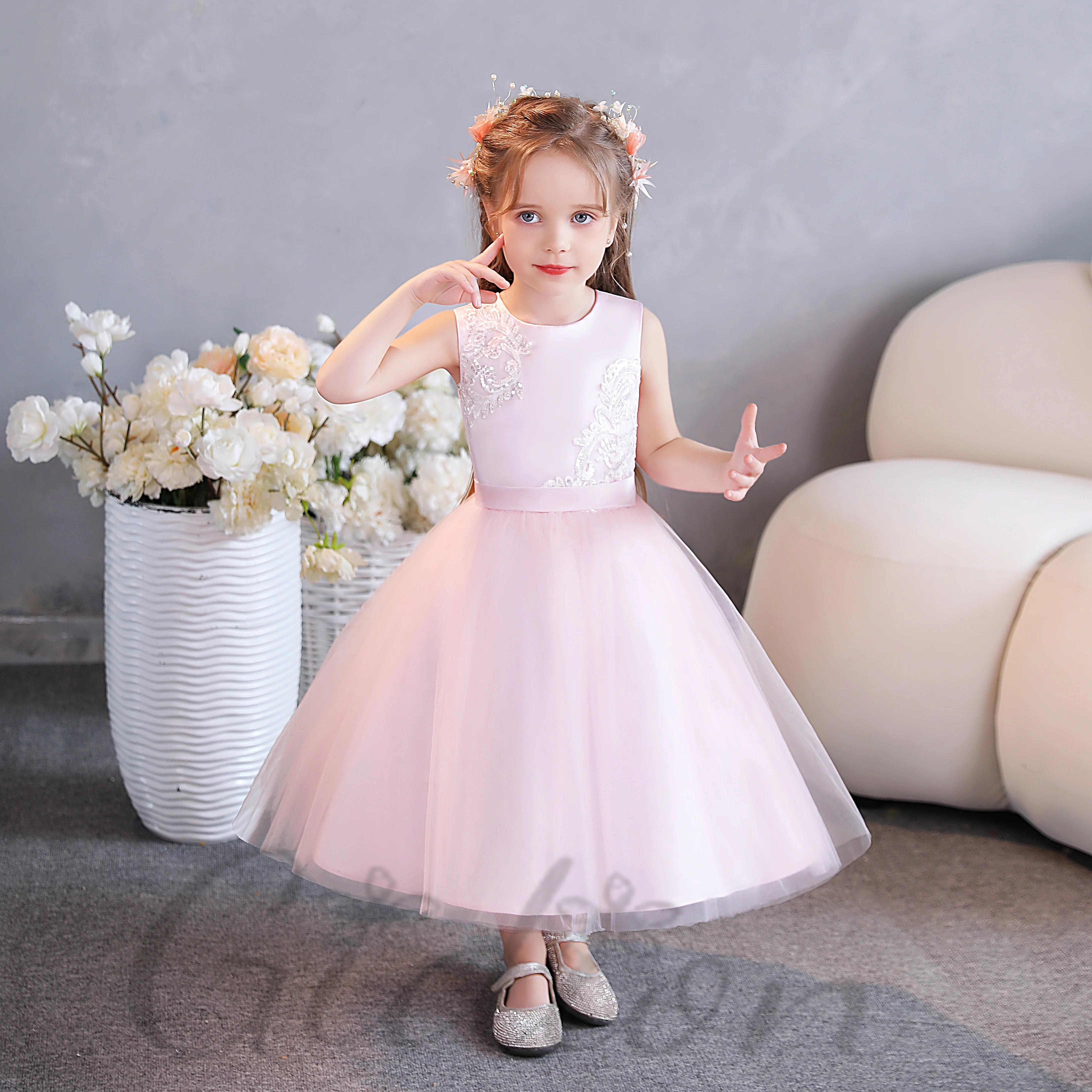 

Satin Top Princess Flower Girl Dress For Kids Wedding Ceremony Show Graduation Celebration Banquet Ball Party Evening-Gown Event