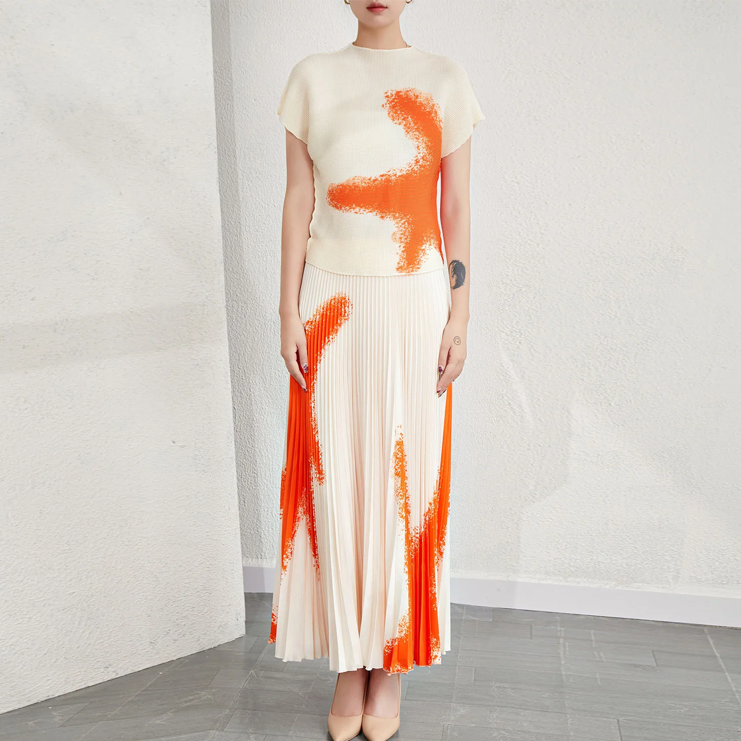 Miyake Fashion Set 2025 Summer French High Feeling Pleated Printed Short Sleeve High Waist A-line Pleated Half Skirt