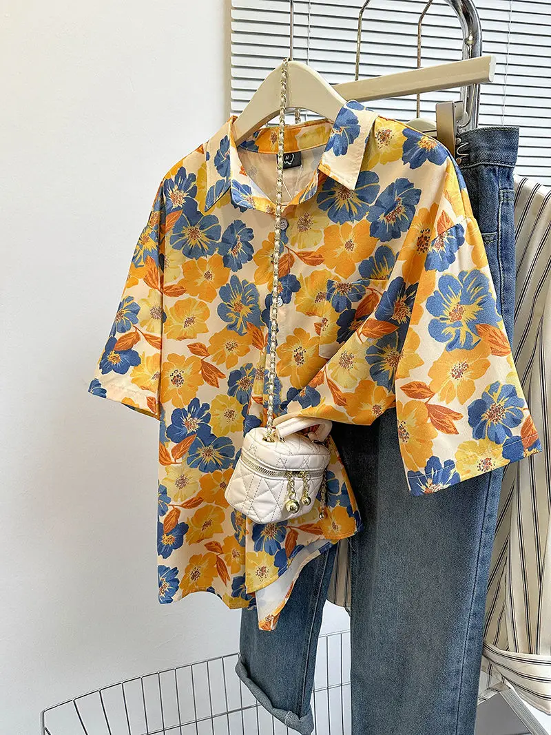 Harajuku Summer Floral Lapel Cardigan Women Shirt  Preppy Style Korean Fashion Loose Casual Streetwear Vintage Blouse Femmes