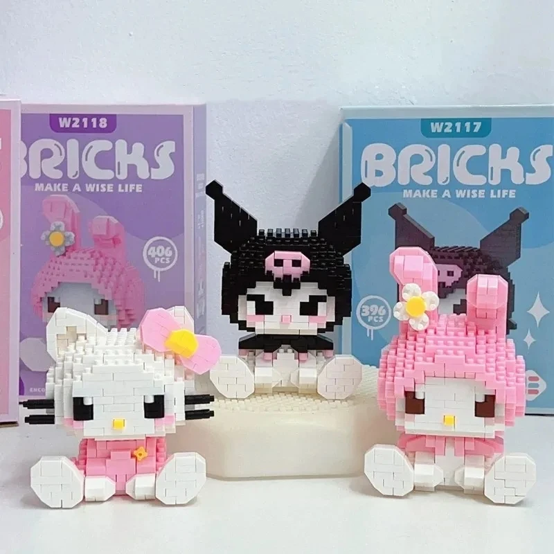 Sanrio-アニメの置物のビルディングブロック,ハローキティ,コレクトのおもちゃ,装飾的な飾りモデル,子供向けパズル人形,ギフト