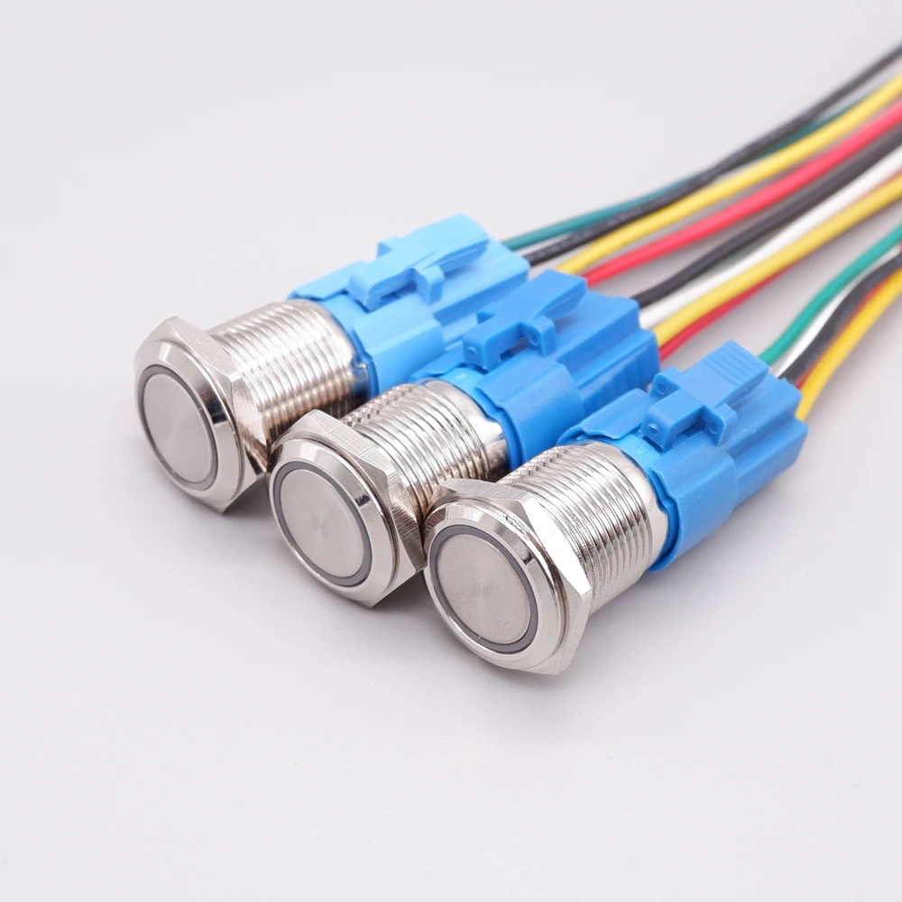 

16mm Metal Push Button Switch Waterproof LED Light Flat Circular Button Instant Lock Power Button Lamp Car Engine Power Switch