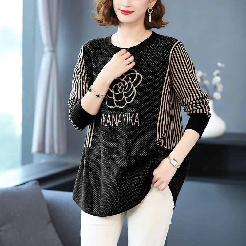 เสื้อสเวตเตอร์แบบสวมหัวโอเวอร์ไซส์สำหรับผู้หญิงเสื้อถักคอกลมพิมพ์ลายผ้าบางทรงหลวม2023ฤดูใบไม้ร่วงแฟชั่นใหม่