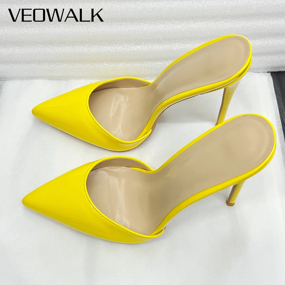 

НОВЫЕ глянцевые желтые лакированные тапочки на очень высоком каблуке 12 см, летние сабо с острым носком, элегантные повседневные удобные вечерние модельные туфли