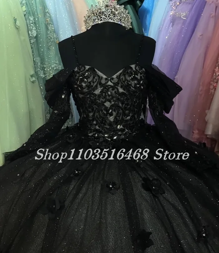 Funkelnde schwarze 15 Quince anera Prinzessin Langarm eingelegte Pailletten Kristall Perlen Perlen Vestidos de 15 Años Quinceañeras 2024