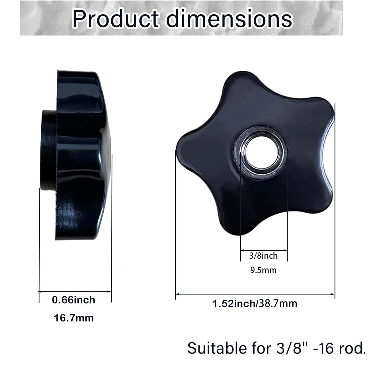 4 pernos de sujeción manuales con forma de estrella, de plástico negro, con rosca 3/8-16 y 5/16-18, para fijación a través de orificios